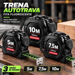 Trena Profissional Autotrava 5m 7,5m 10m Fita Fluorescente 25mm para Medição