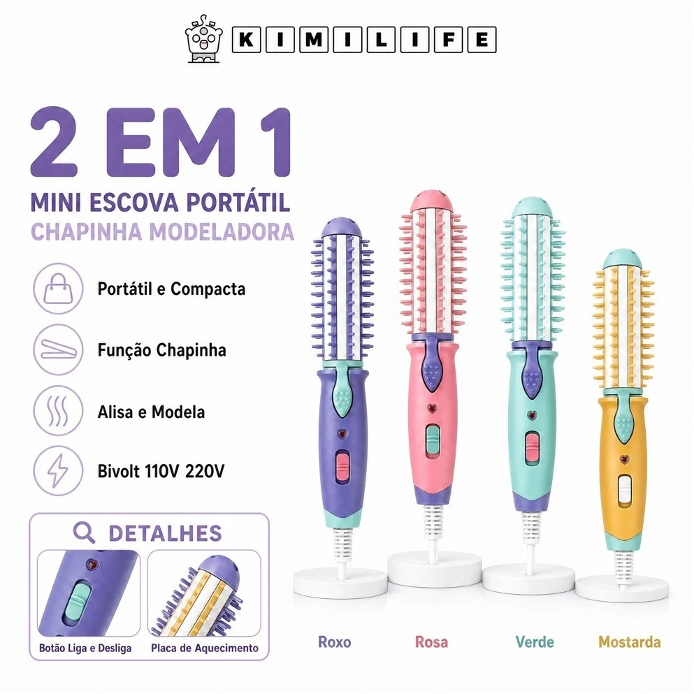 Mini Escova 2 em 1 com Função Chapinha Modeladora Portátil Bivolt para Cabelos