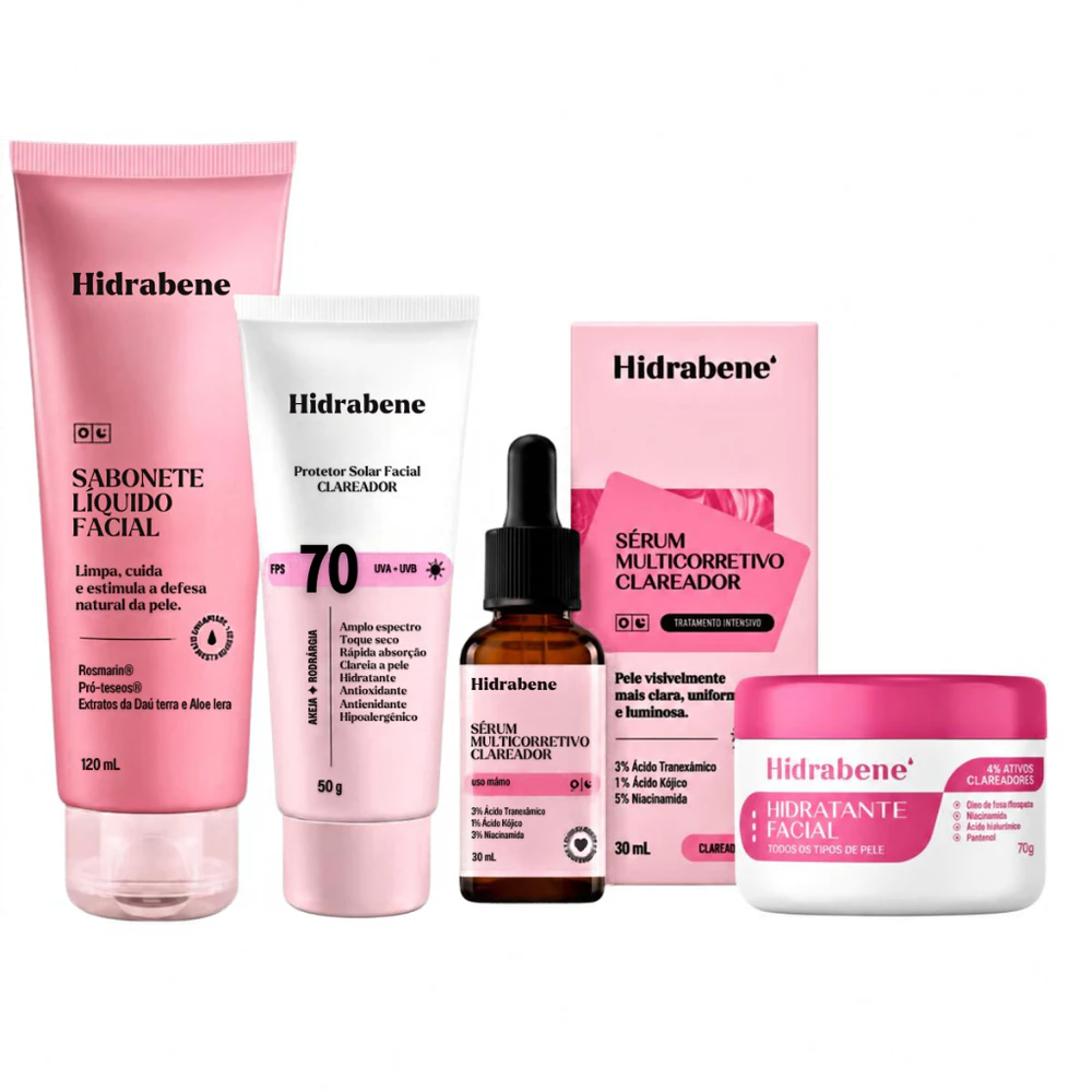 Kit Clareador Facial Completo Hidrabene – Sabonete, Sérum Multicorretivo, Hidratante e Protetor Solar FPS 70
