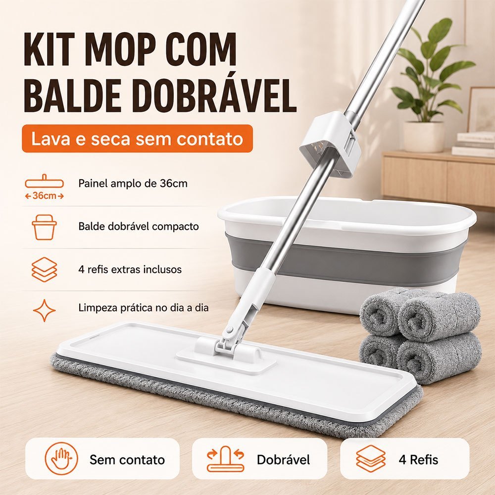 Kit Mop Flat M3 com Balde Dobrável 10L, Limpeza Sem Contato, Painel 36cm, Cabo 360° e 4 Refis de Microfibra