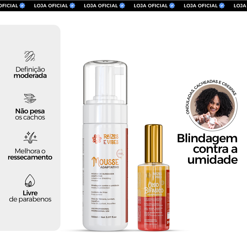Mousse de Blindagem e Controle do Frizz 150ml + Óleo Bifásico – Raízes & Vibes