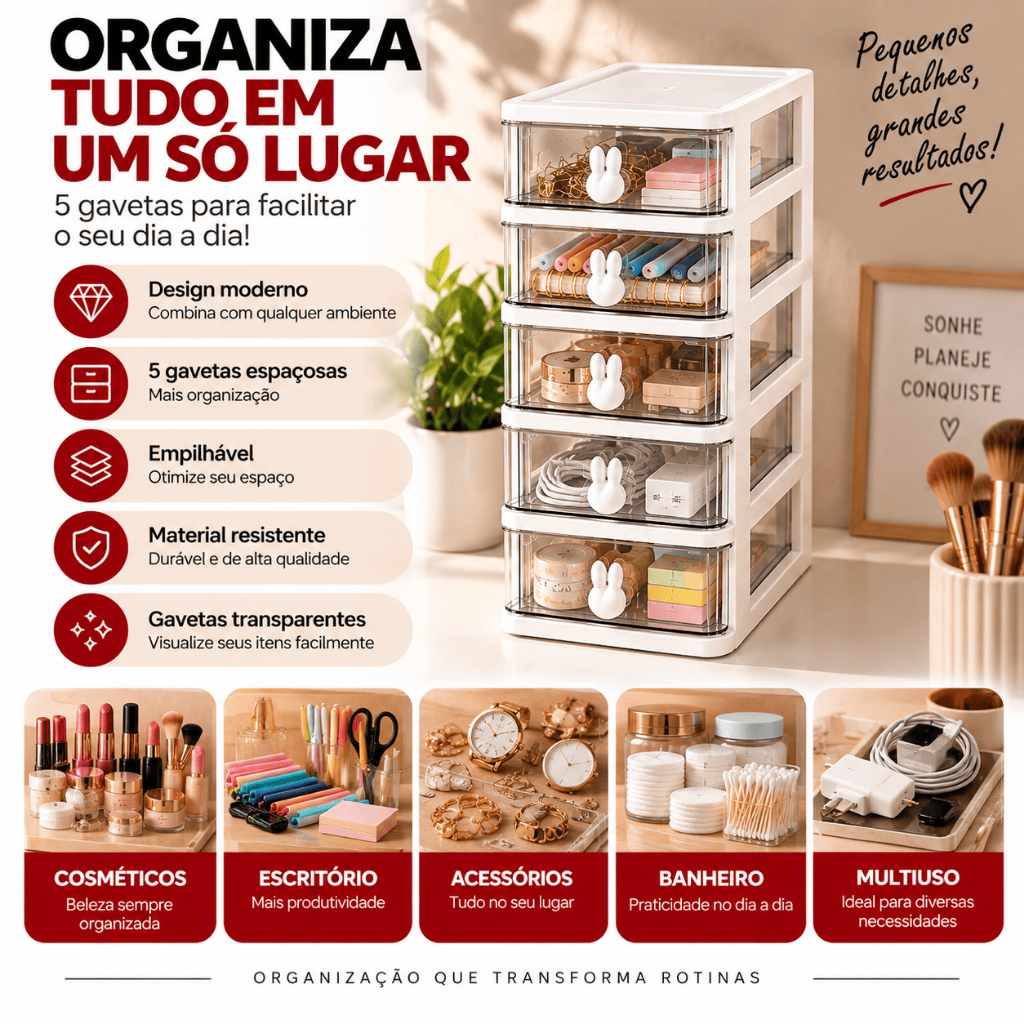 Organizador com Coelhos Fofos 5 Andares Gaveta Transparente Maquiagem Bijuterias Pequenos Objetos Escritório — imagem 2 de 2