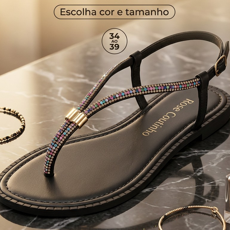 Rasteira Feminina Strass Colorido Tira em T Aro Metálico Sandália de Dedo Pedraria Brilho Boho Luxo