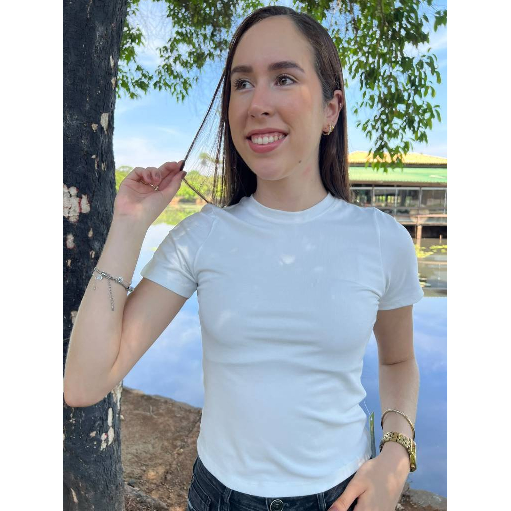 Blusa de Manga Curta Feminino Canelada com Elastano Blusa Feminina Camiseta Básica