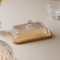 Manteigueira de Vidro com Base de Bambu Striata 18x10,5cm Lyor com Tampa Decorativo para Mesa Posta Cozinha Utilidades