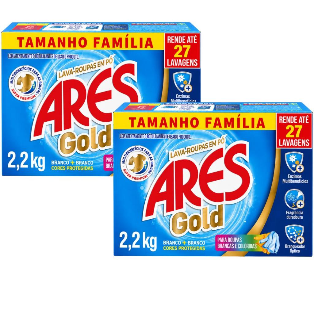 Kit 2 Unidades Lava Roupas Em Pó Ares Gold 2,2kg Sabão Roupas Brancas E Coloridas