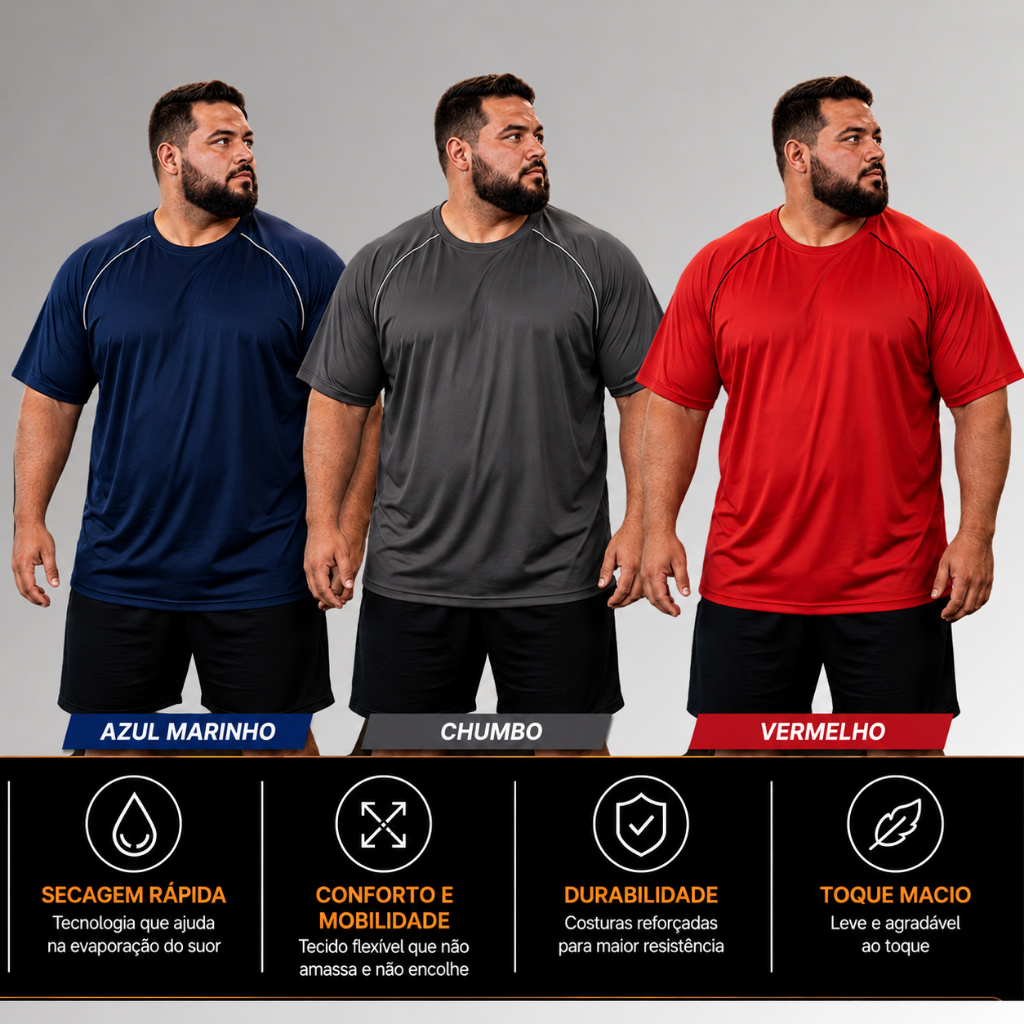 Kit3 Camisetas Camisas Tam Extra-Plus G1 ao G3 Dry Fit Lisa Basica de Masculina Casual  Academia Corrida Gym