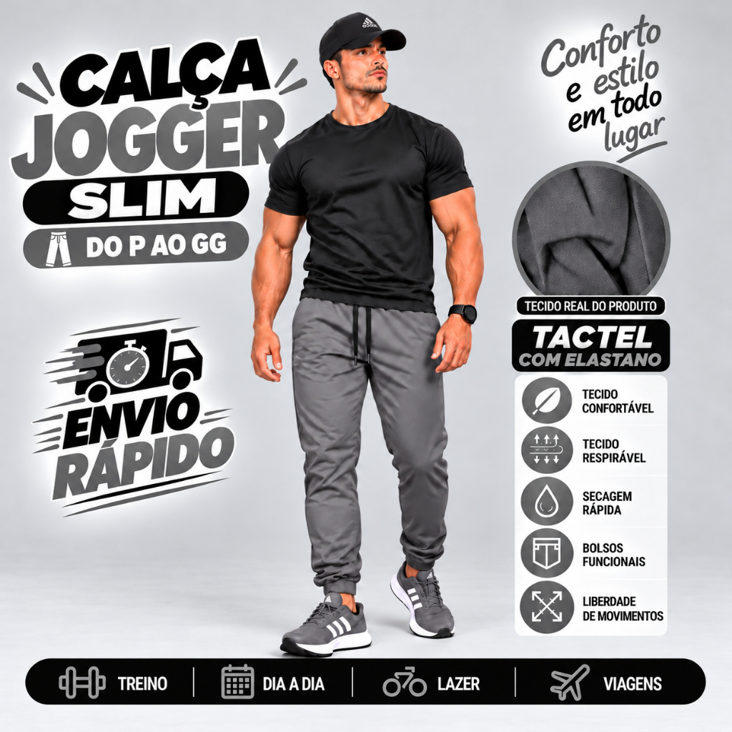 Calça Jogger Masculina Tactel com Elastano Slim Dry Fit – Esportiva, Confortável e Versátil para Treino, Academia