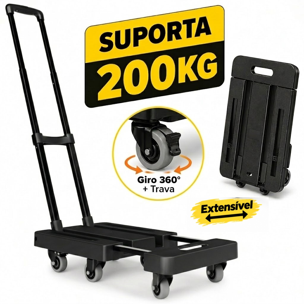 Carrinho de Carga Dobrável 200kg Portátil - Pega Telescópica 4 Níveis - Compras e Viagens Yesop