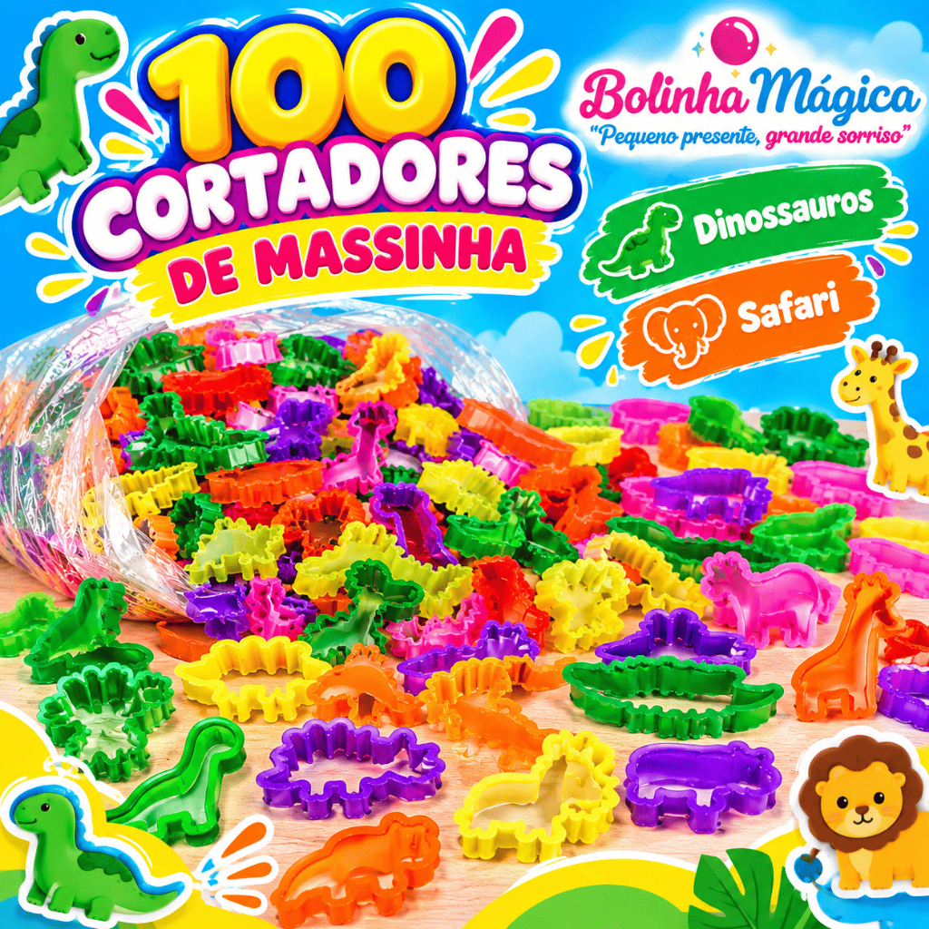 Kit 100 Cortador Forminha Neon para Massinha Modelar Molde Dino Safari Festa Lembrancinha Prenda