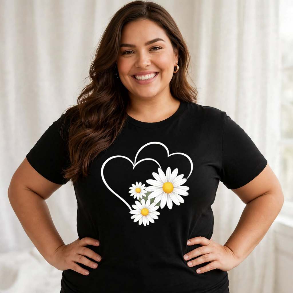 Camiseta Plus Size Feminina P Ao G5 Algodão 100% Estampada Coração Margaridas Básica Casual Academia Verão