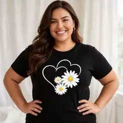 Camiseta Plus Size Feminina P Ao G5 Algodão 100% Estampada Coração Margaridas Básica Casual Academia Verão