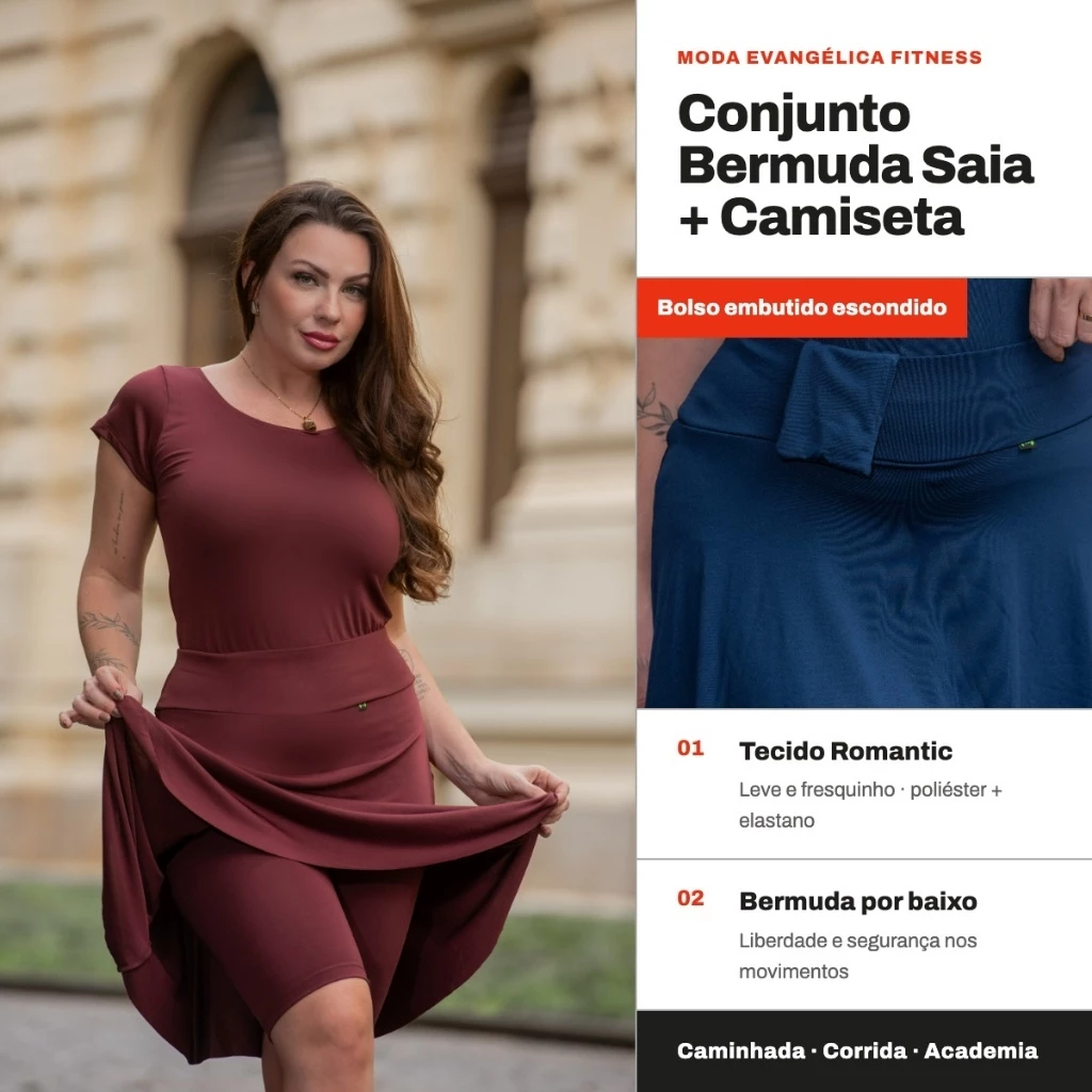 Conjunto Short Saia Evangélica Fitness + Camiseta Moda Modesta Academia Caminhada Bermuda Saia Godê Cós Alto — imagem 1