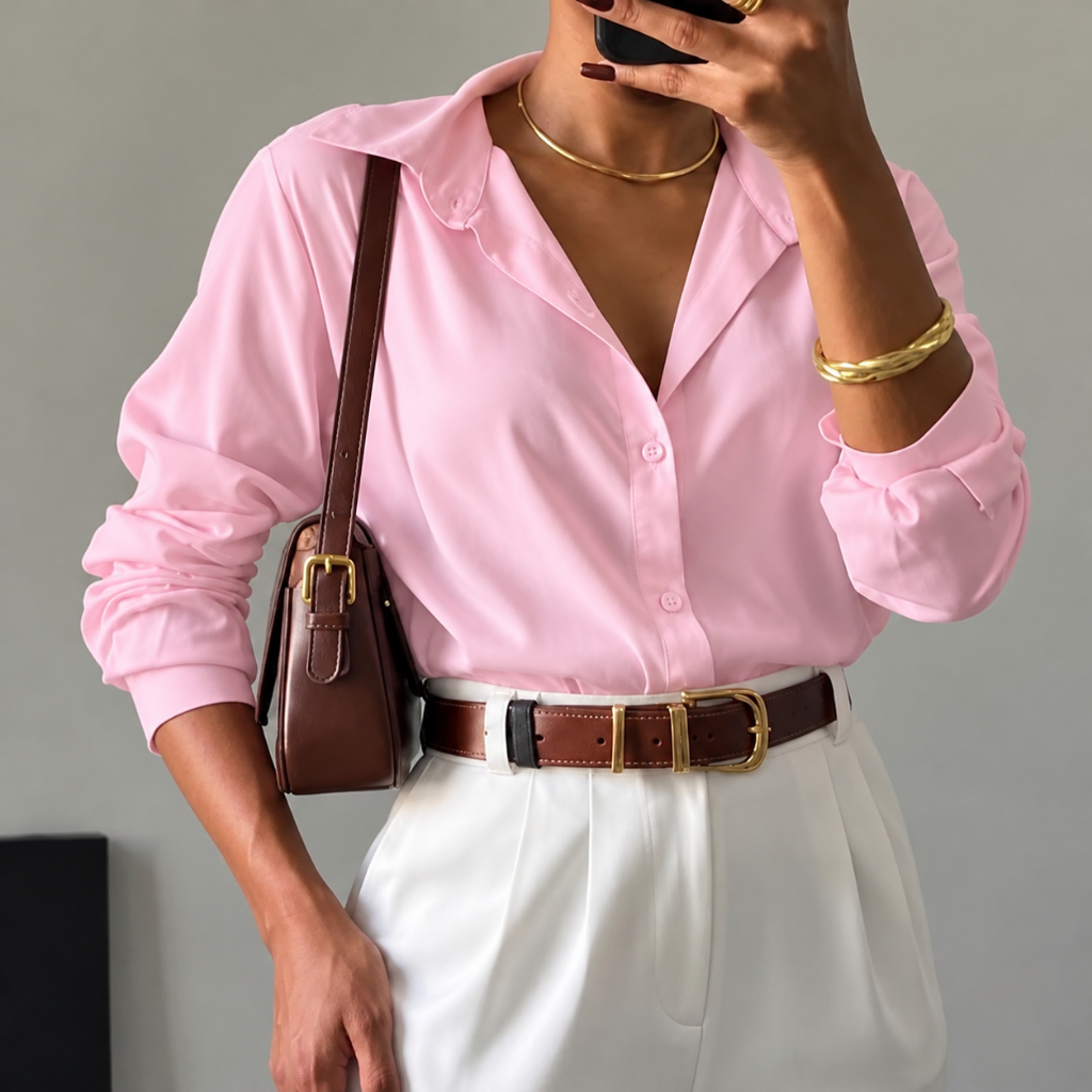 Camisa Feminina Camisa Feminina Social Manga Longa Elegante Camisa de Botão Crepinho Premium Trabalho Casual Alfaiataria