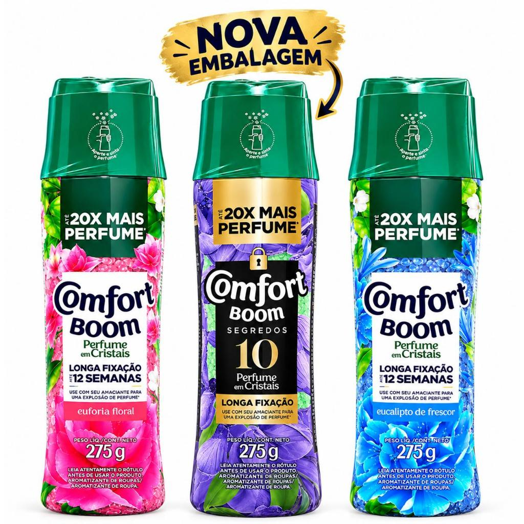 Comfort BOOM perfume para roupas em cristais 275g fragrâncias roxo segredos, azul frescor, rosa floral