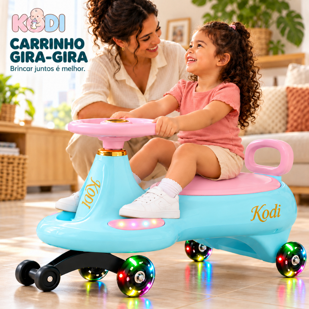 Carrinho Infantil de Passeio com Luzes, Volante, Assento com Baú e Rodas Giratórias Unissex KODI