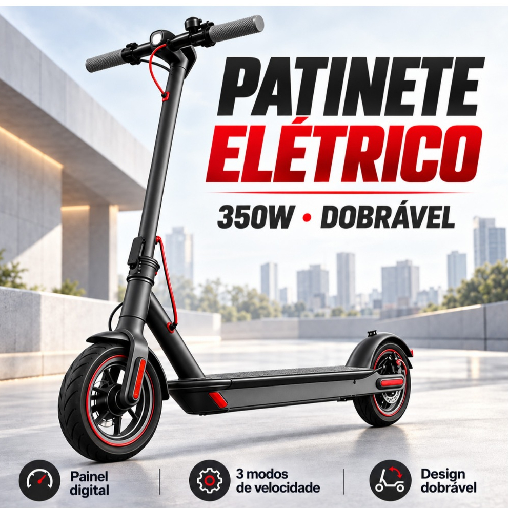 Patinete Elétrico 350W, Sistema de Freio Duplo, Display LED, 4 Modos, Farol Brilhante, Dobrável, Suporta até 150kg.