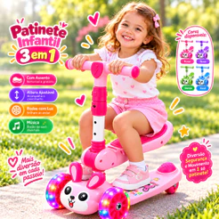 Patinete Infantil 3 em 1 com Assento Ajustável 3 Rodas LED Luzes e Música Menino Menina