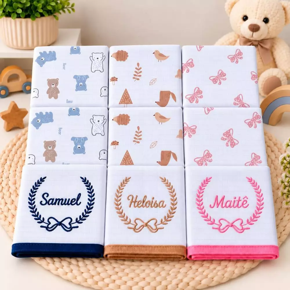 Kit 3 Fraldas de Boca Bebê 1 Personalizada com Nome Bordado + 2 Estampadas 100% Algodão Menina Menino
