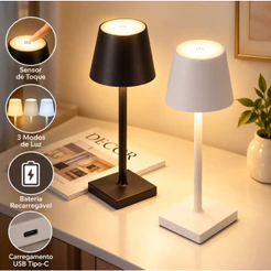 Luminária De Mesa Abajur LED Sensor De Toque 3 Modos De Luz Recarregável Cabo USB