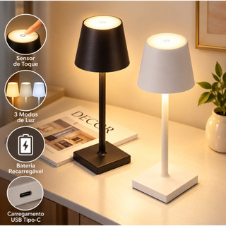 Luminária De Mesa Abajur LED Sensor De Toque 3 Modos De Luz Recarregável Cabo USB