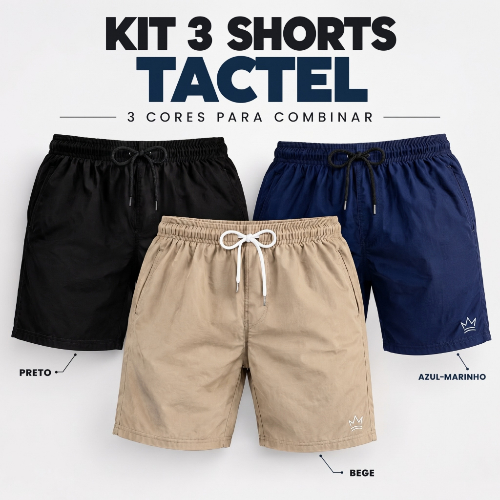 Kit 3 Short Tactel Masculino Elastano Mauricinho Bermuda Leve 46 Xg G1Praia Piscina Academia Corrida Esporte Rapido