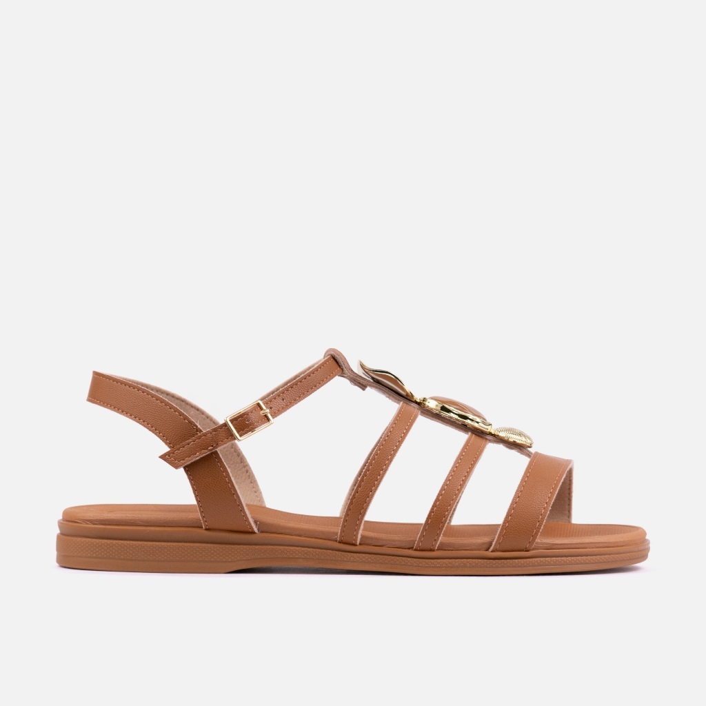 Sandália Rasteira Feminina Piccadilly Tiras Finas Aranha Aplique Metalizado Confortável Caramelo