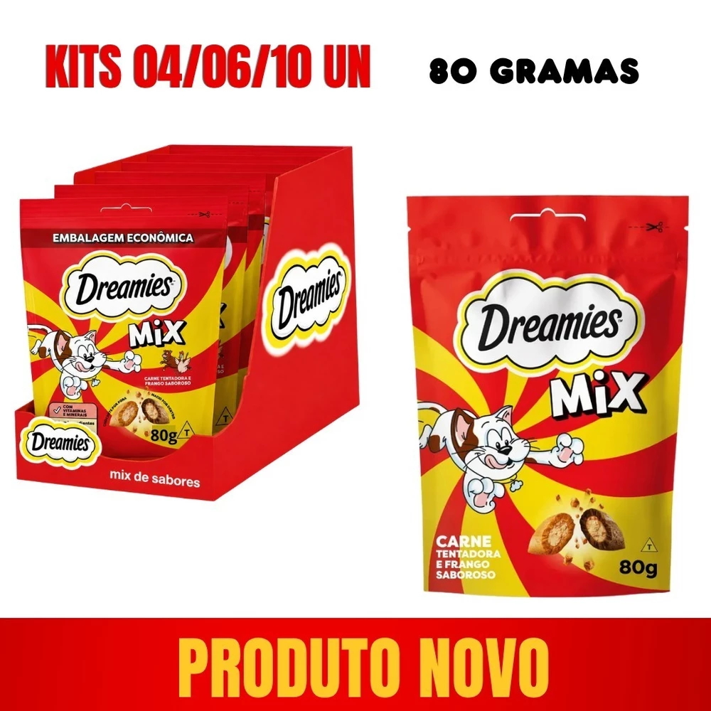 DREAMIES 80G PETISCO PARA GATO MIX CARNE E FRANGO KIT 04/06 E 10 UNDADES