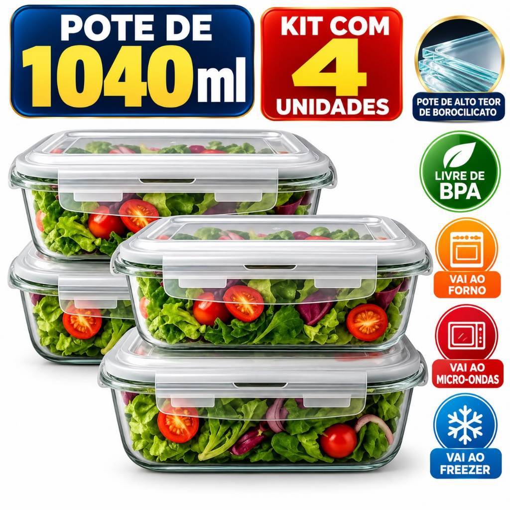 Conjunto 2/3/4/10 Potes /640/1040ml Pote  Vidro Hermético Mantimentos Marmita Fitness Refratario Refratário