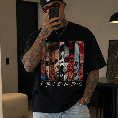 Camiseta Masculina Feminina Oversized Estampa Halloween Horror Nights Personagens de Terror T-shirt Streetwear Camisa