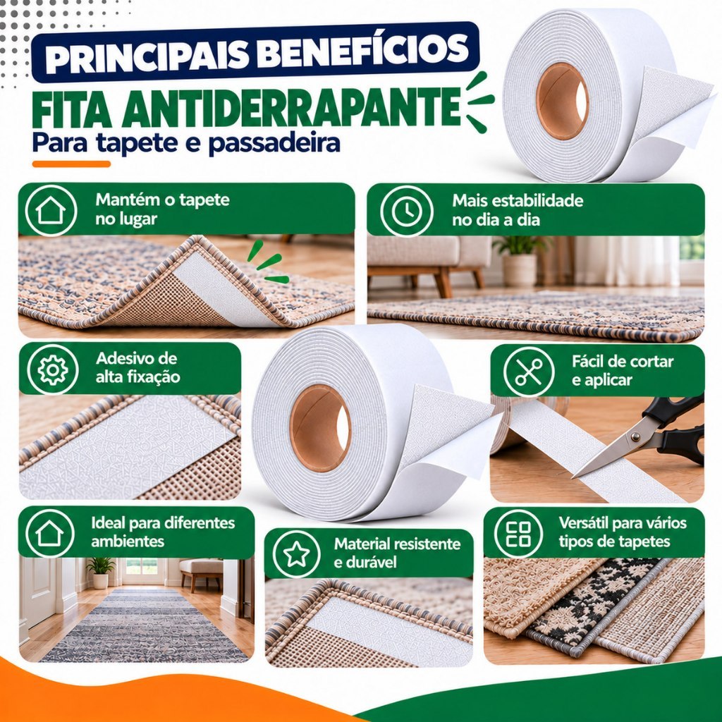 Fita Antiderrapante Autoadesiva para Tapetes e Passadeiras 5cm x 3mm x 5m Rolo Branco ou Preto Proteção e Fixação — imagem 2 de 2