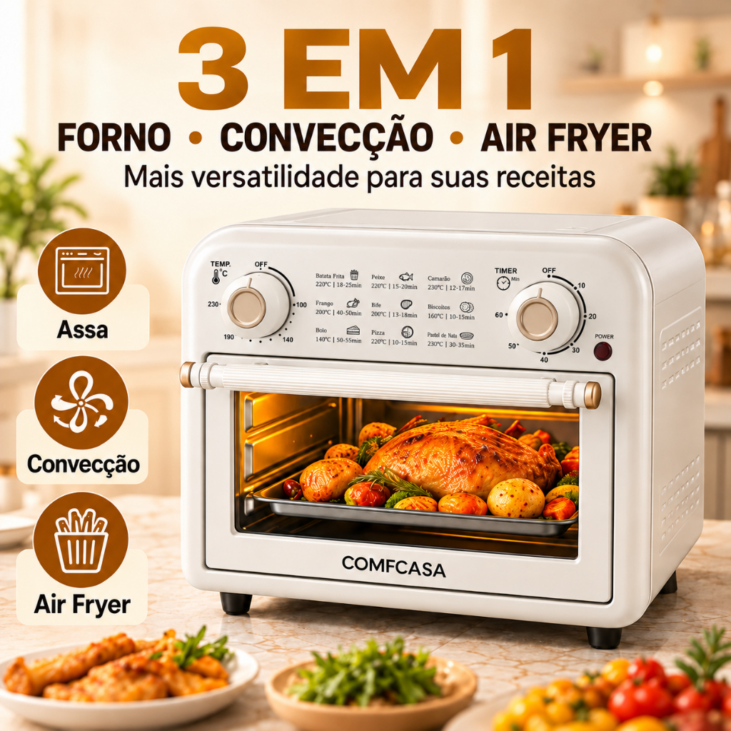 Forno Elétrico Air Fryer COMFCASA 12L 3 em 1 1200W Assa Grelha e Frita sem Óleo com Convecção para Cozinha