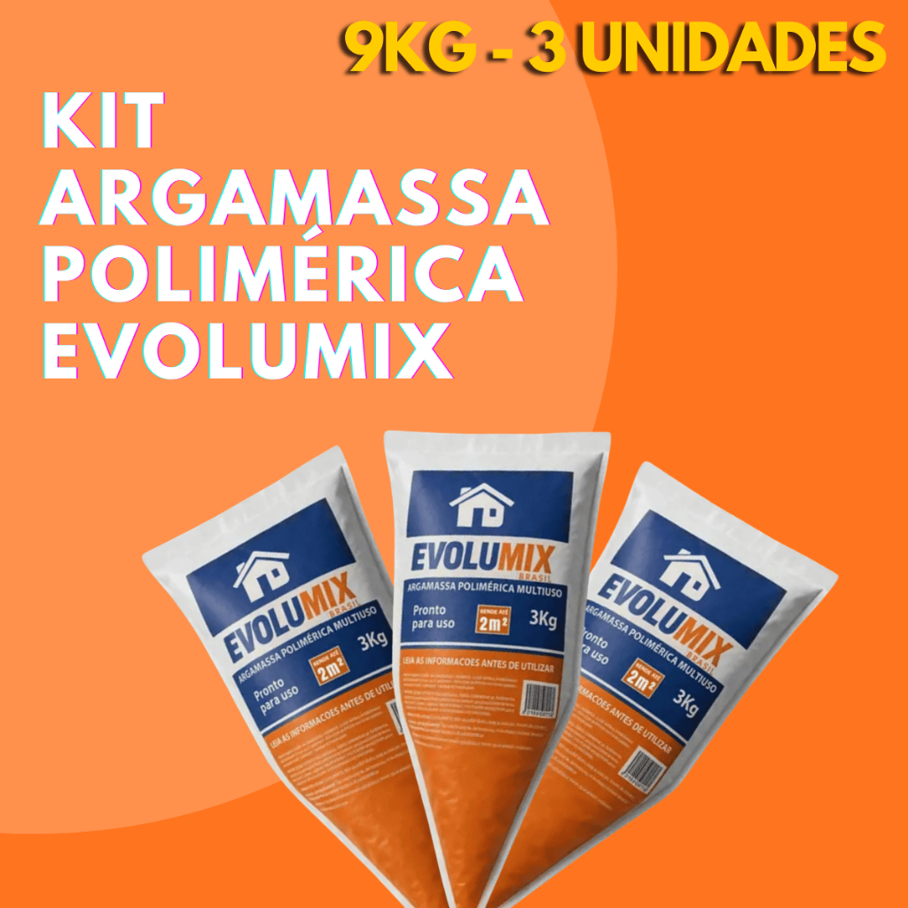 Argamassa Polimérica Evolumix 9kg Kit c/ 3 Unidades Alta Fixação e Rendimento para Obras