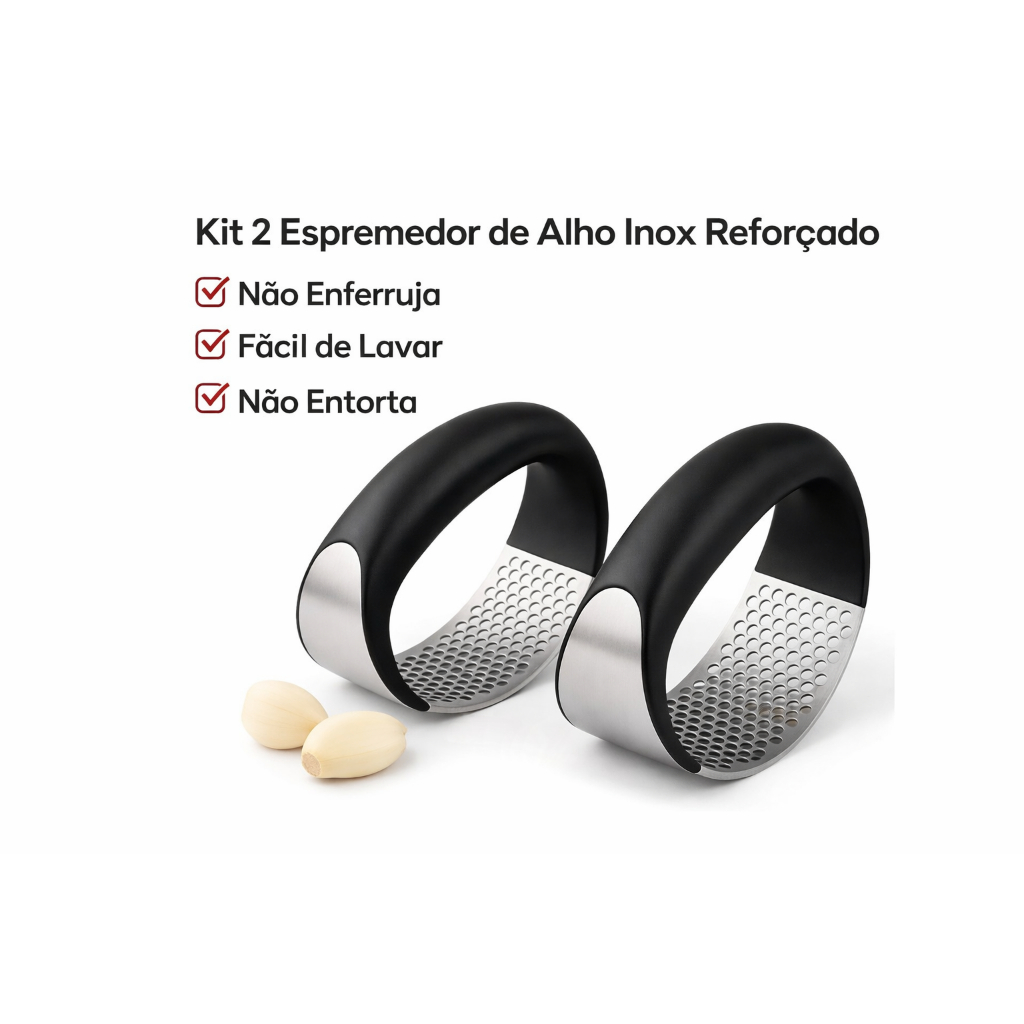 Kit 2 Espremedor de Alho Inox Reforçado Profissional Fácil de Lavar Não Enferruja