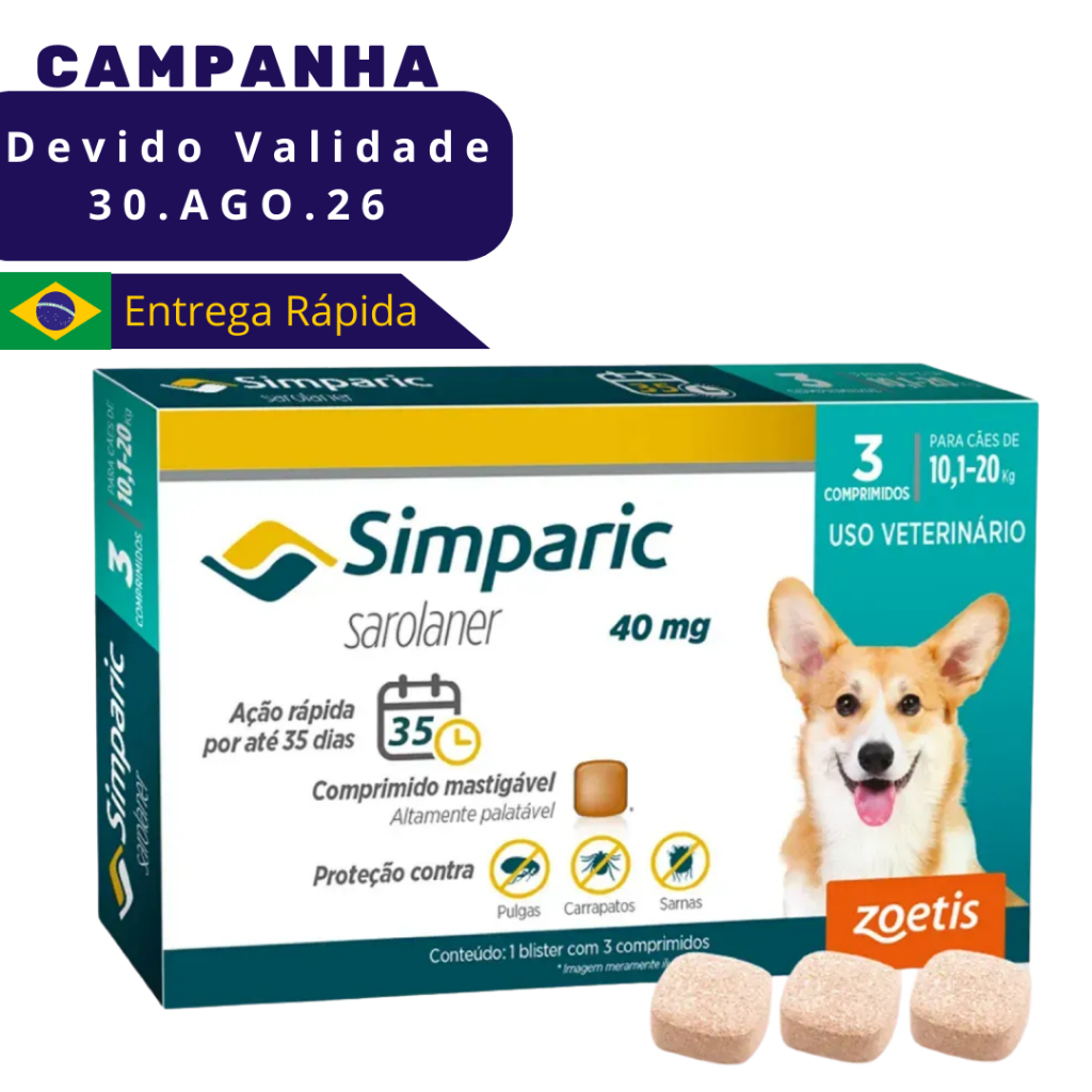 Simparic para Cães de 10,1 a 20 Kg (40 mg) Antipulgas e Carrapatos - 3 Comprimidos VENC AGO26 em Oferta na Shopee
