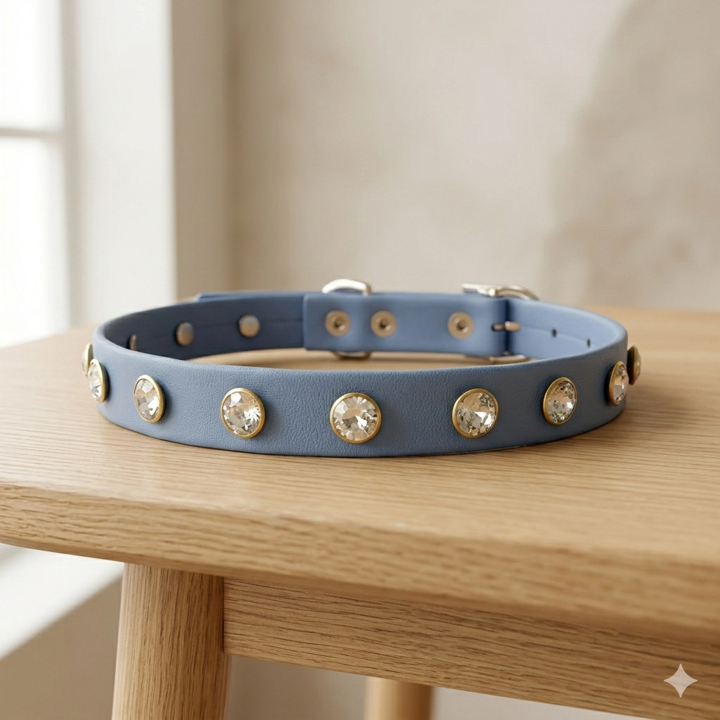 Coleia Azul para Cachorro Couro Sintético Brilho Strass Artesanal Homemade Linda Delicada Luxo