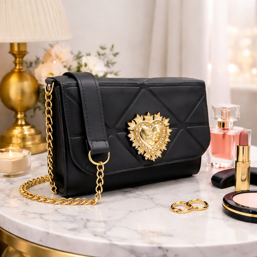 Bolsa Feminina Transversal Preta Luxo com Corrente Dourada | Tiracolo Elegante