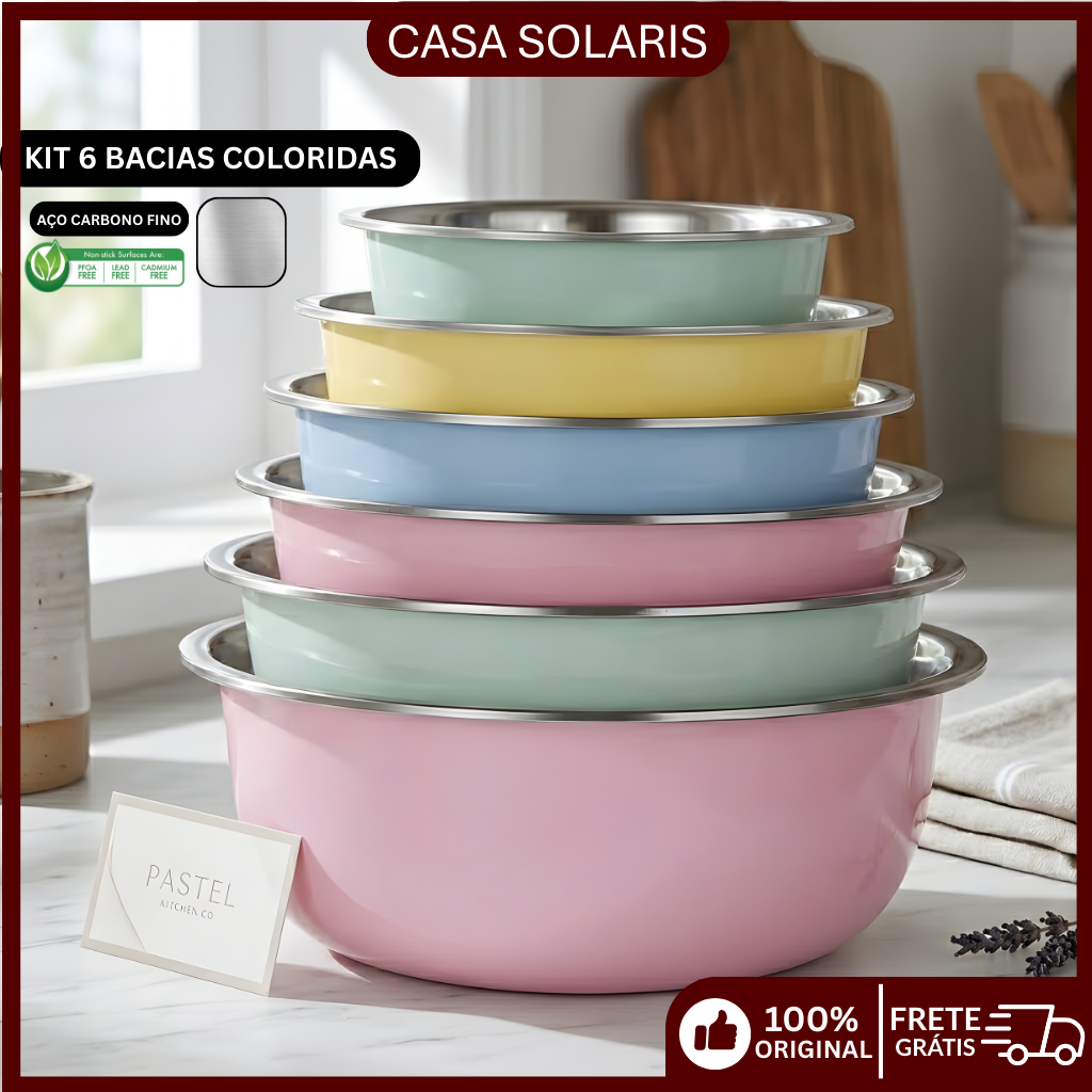 Kit 6 Tigelas Bowl Bacia Vasilha Potes Saladeira Aço Inox Cozinha Comedouro Pet Multiuso Gourmet