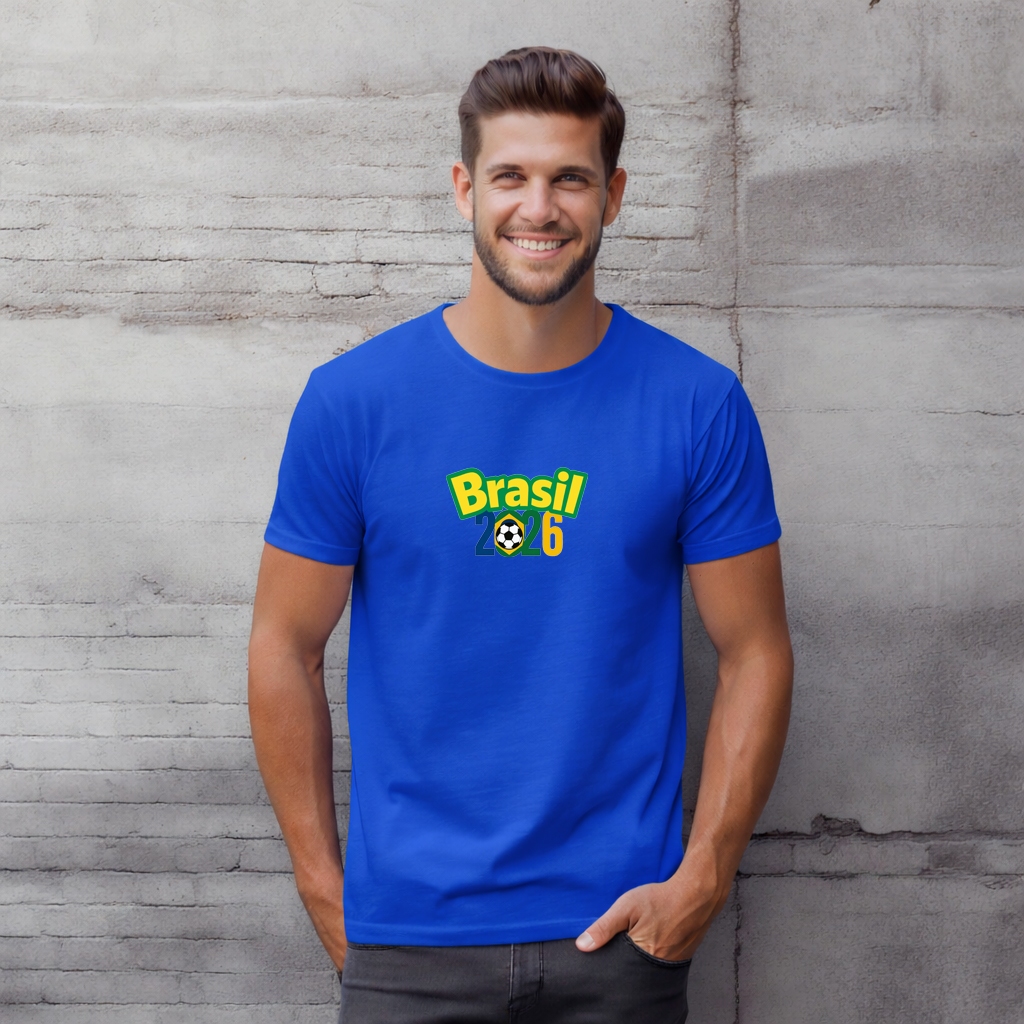 Camiseta Masculina Estampada Brasil 2026 Copa do Mundo Futebol Hexa Torcedor 100% Algodão