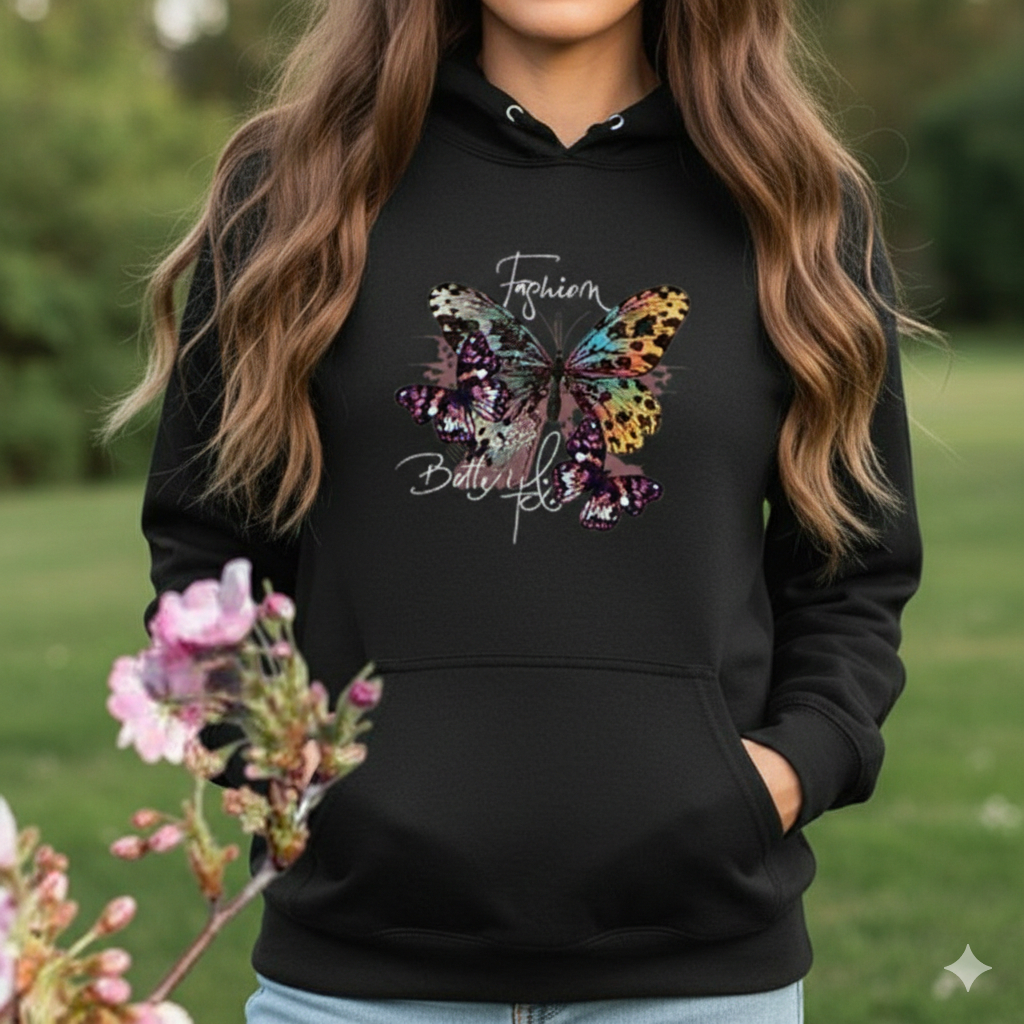 MOLETOM ESTAMPADO FEMININA BORBOLETA CONFORTO E ESTILO DURABILIDADE FLANELADO COM CAPUZ ENVIO RAPIDO