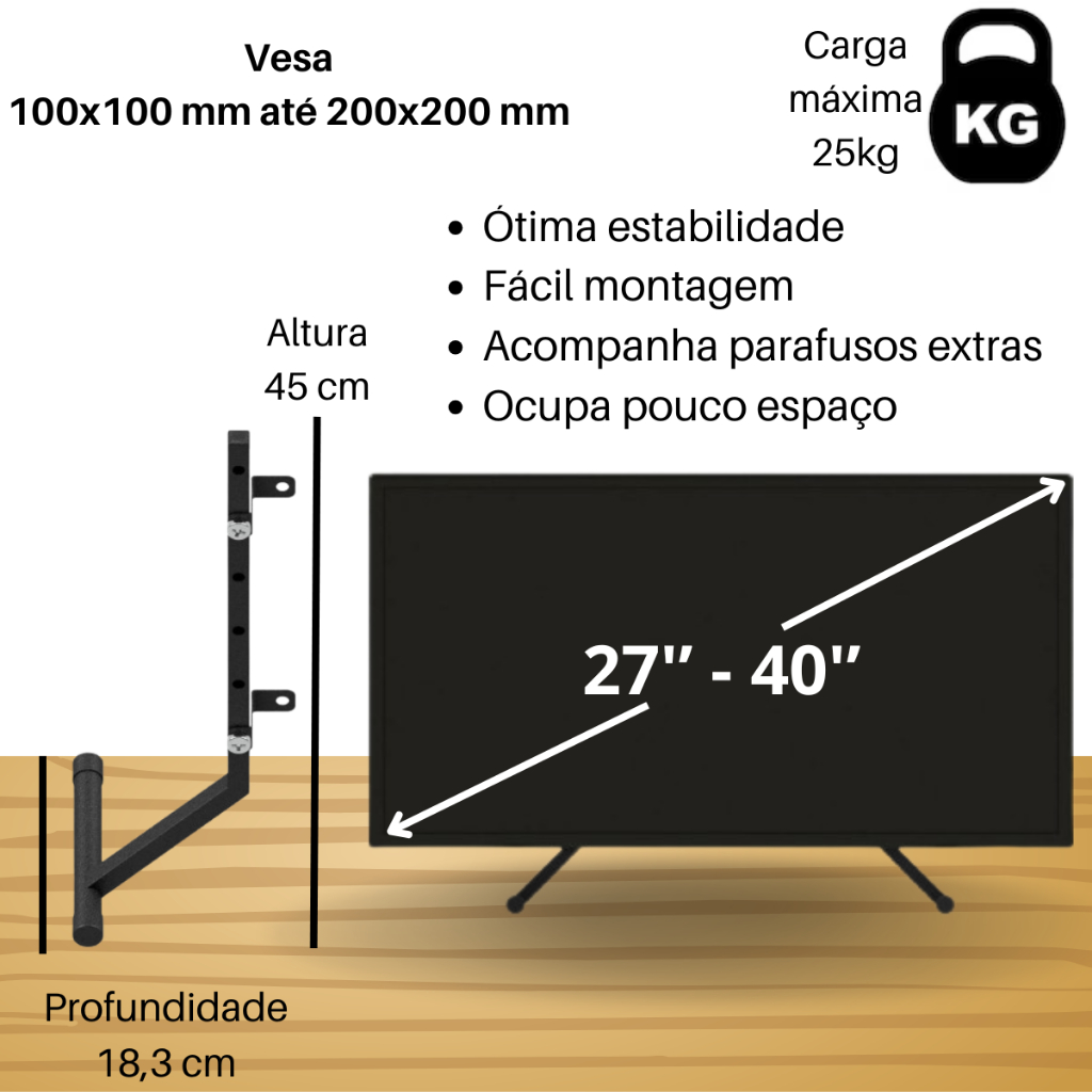 Suporte De Mesa Para TV Sem Base Original 27 a 40 Pol Universal Reforçado Até 25kg Vesa 200x200 Pés Pé De Mesa Preto