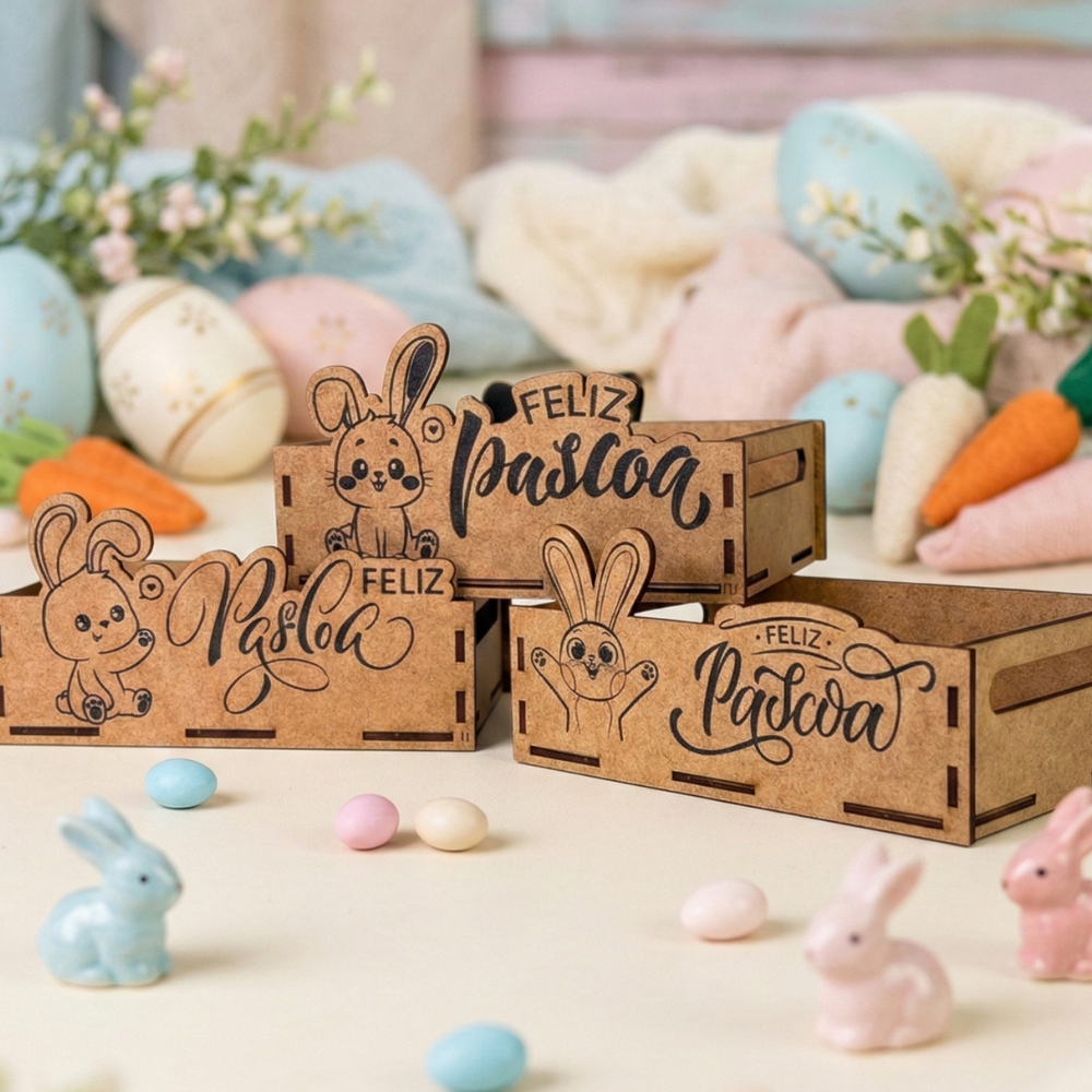 Bandeja Páscoa MDF Cesta Presente 10x15x5cm Coelhinho Feliz Páscoa Decoração Festa Kit Páscoa
