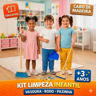 Kit Limpeza Infantil Vassoura Rodo Pazinha Cabo Madeira Brinquedo Educativo Criança em Oferta na Shopee