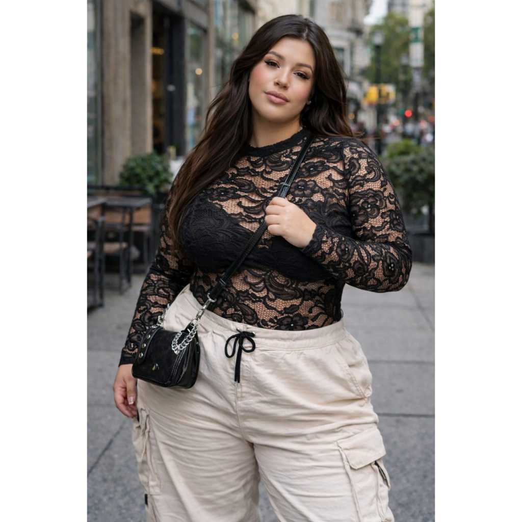DRAPA PLUS - BLUSA RENDA PLUS SIZE ESTILOSA MODERNA MANGA LONGA em Oferta na Shopee
