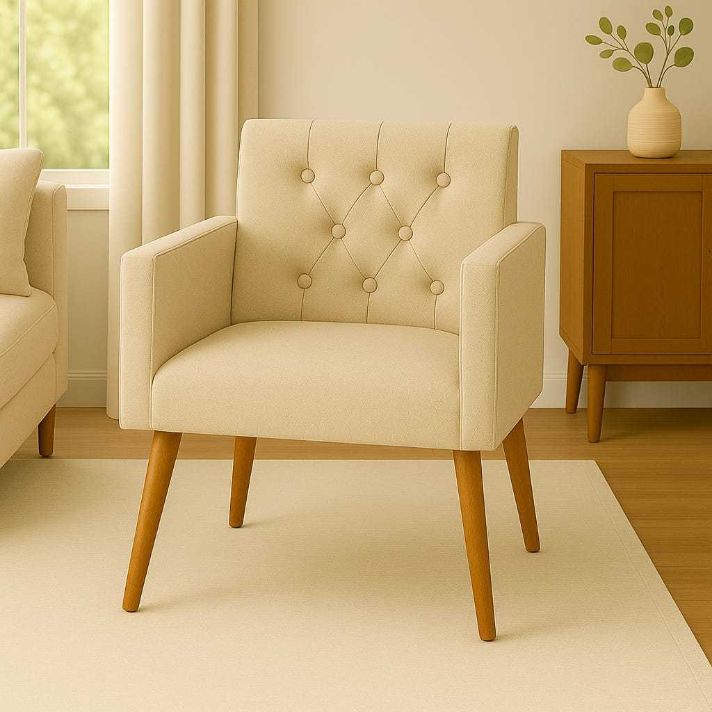 Poltrona Nina Capitonê Decorativa para Sala Quarto Recepção Atendimento Clínica Igreja Veludo Pés de Madeira