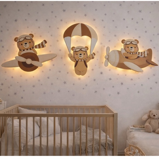 Kit enfeite Ursinho aviador e paraquedas neutro Nude marrom ou azul