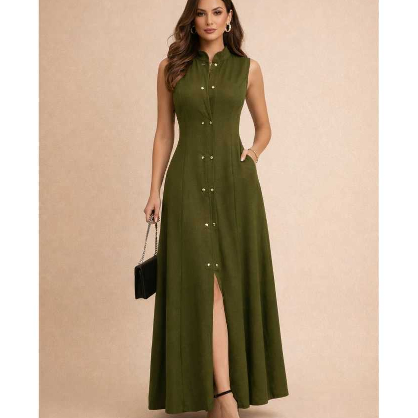 Vestido Longo Elegante Fechamento Em Botões Funcionais Lastex Nas Costas — imagem 2 de 2