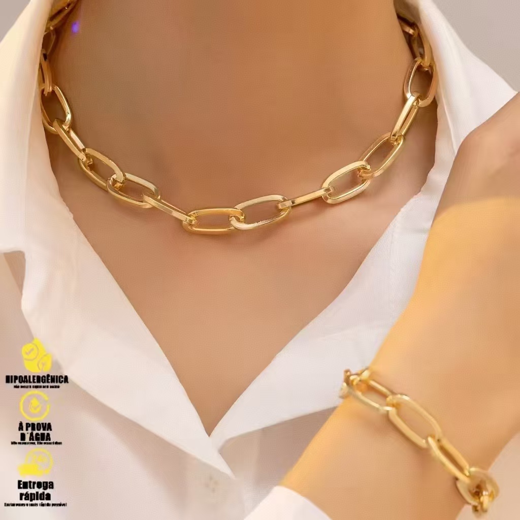 Conjunto Semijoia Luxo Colar Pulseira Elos Retangulares Ouro 18K