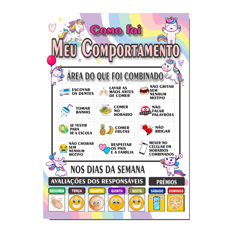 Quadro Magnético Educativo Infantil Lúdico com Tags Imã Organização Rotina e Comportamento Diário - Unicórnio Bany