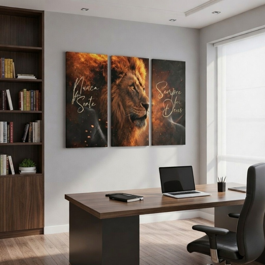 Kit 3 Quadros Leão de Judá Nunca Foi Sorte Sempre Foi Deus Decorativo Religioso Quarto Sala Promoção
